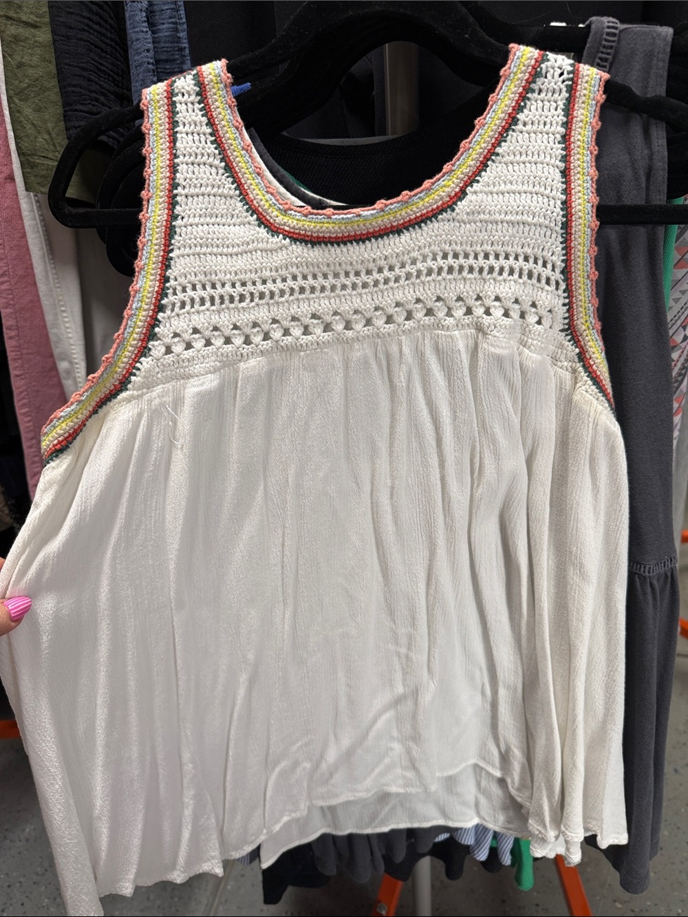 LC Lauren Conrad Cream Crochet Yoke Tank with Multicolor Trim